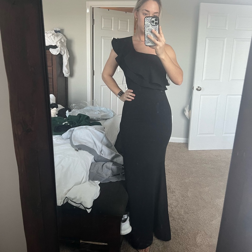 Azazie Black One-Shoulder Flutter Sleeve Gown